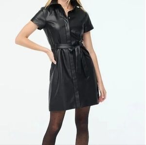 J.Crew factory NWT black faux leather belted shirt dress size 8